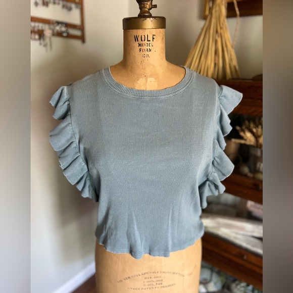 Zara ribbed blue sleeveless ruffle top size large - Picture 1 of 7